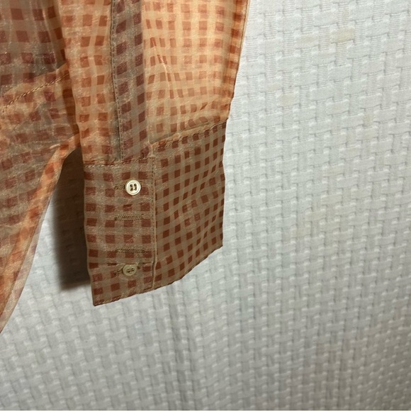 En Saison Size L Check Print Sheer Long Sleeve Blouse Ruffle Collar Lined Button - Picture 9 of 13